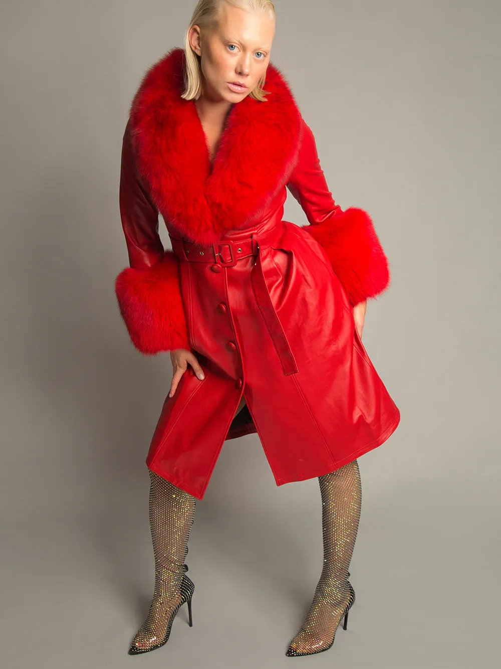 Foxy Leather Coat w/ Fox Fur In Red