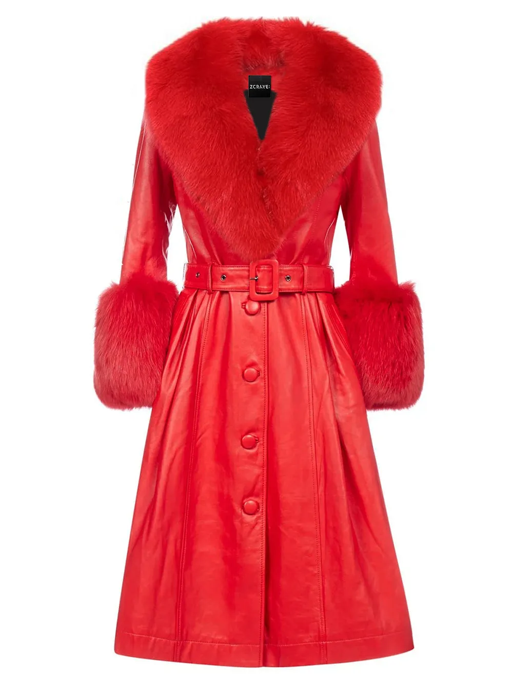 Foxy Leather Coat w/ Fox Fur In Red