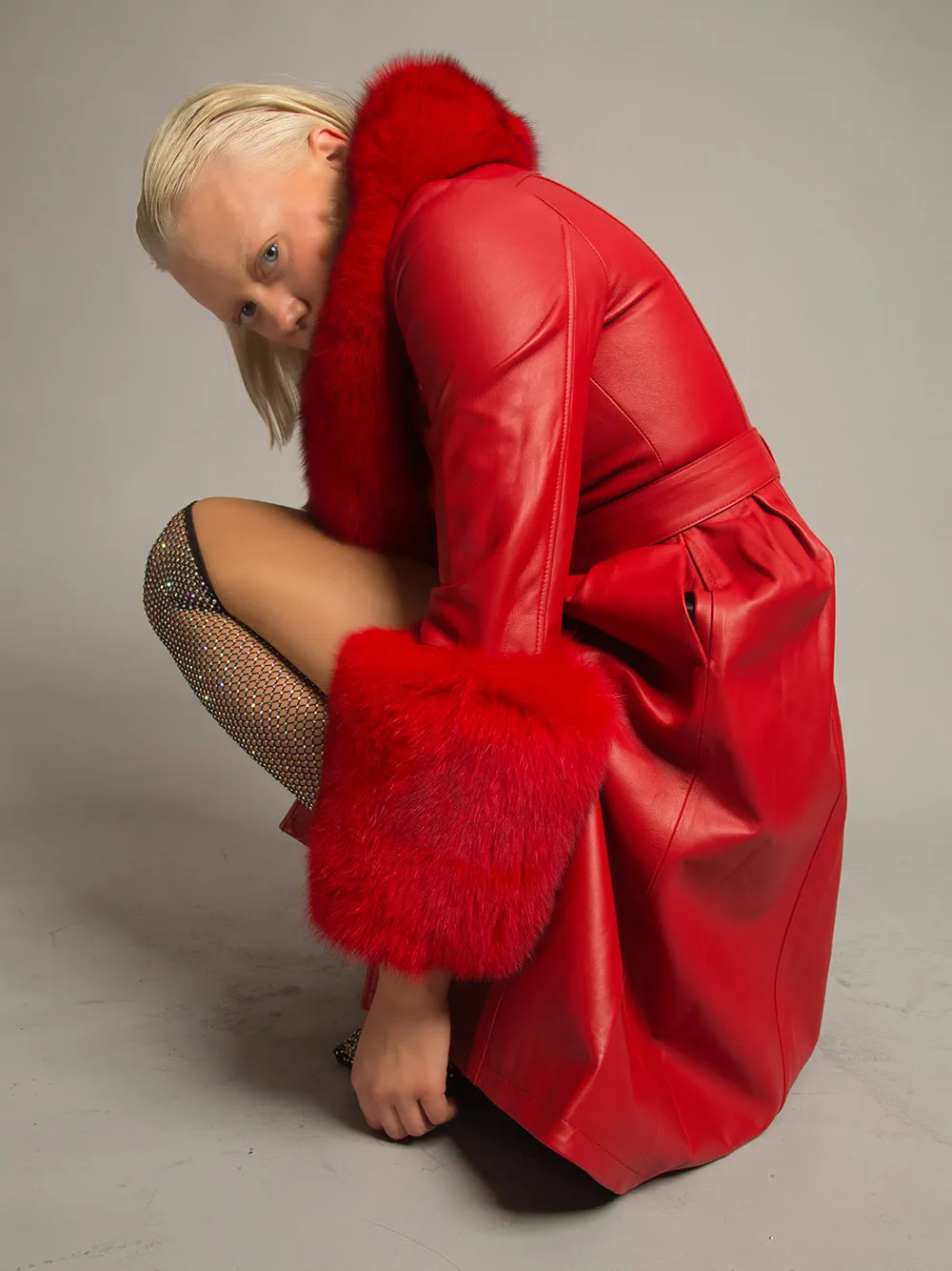 Foxy Leather Coat w/ Fox Fur In Red