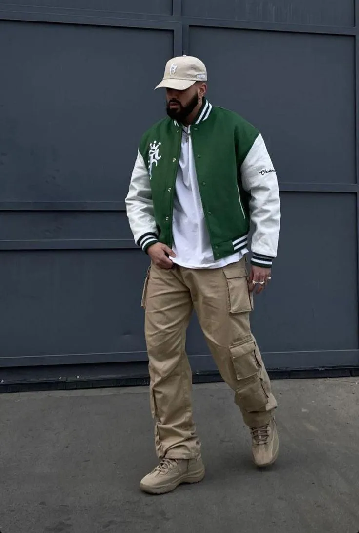 Green and White Baseball Jacket with F King Print