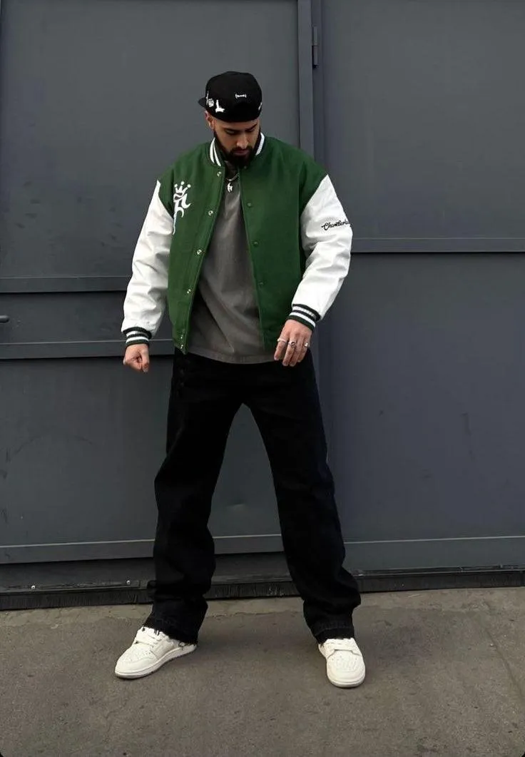 Green and White Baseball Jacket with F King Print