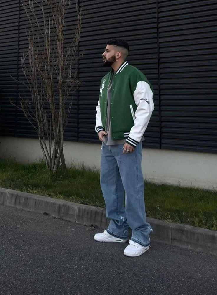 Green and White Baseball Jacket with F King Print