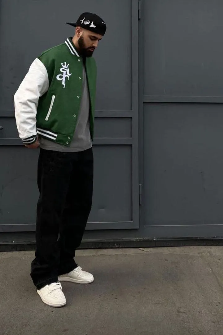 Green and White Baseball Jacket with F King Print