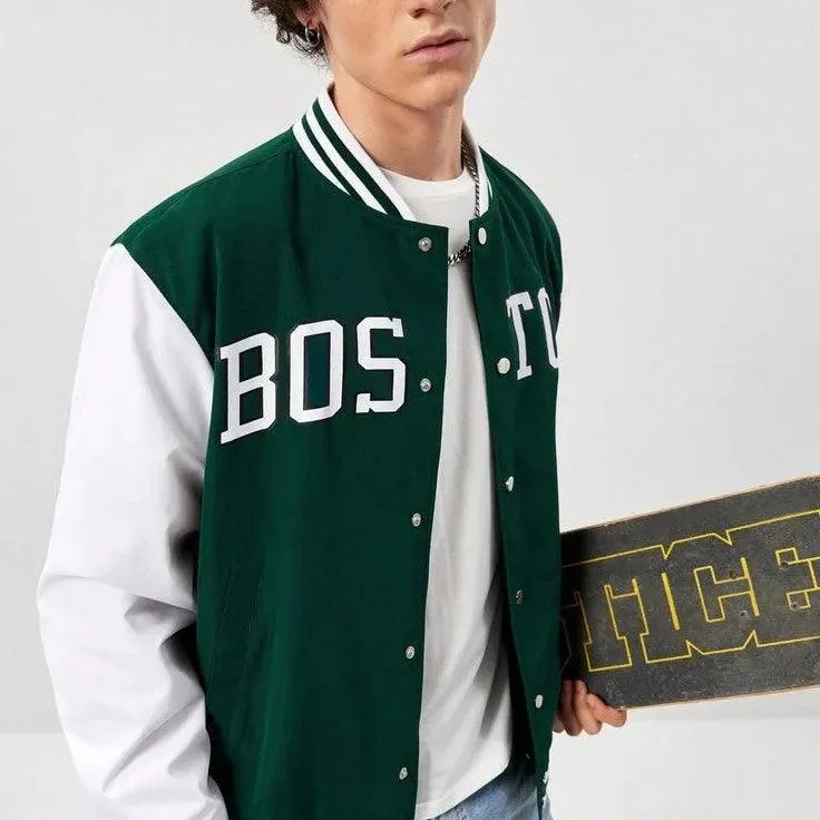 Green Boston Print Baseball jacket