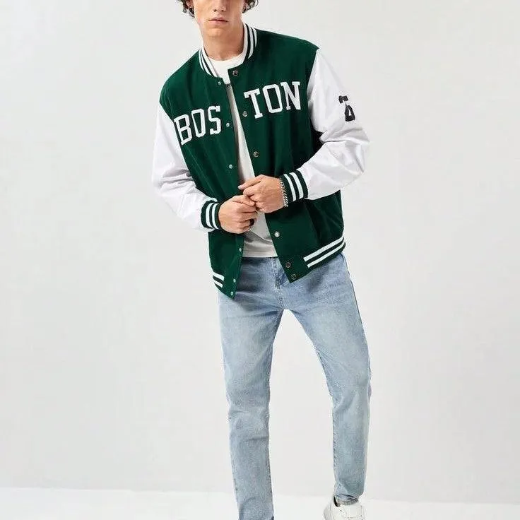 Green Boston Print Baseball jacket