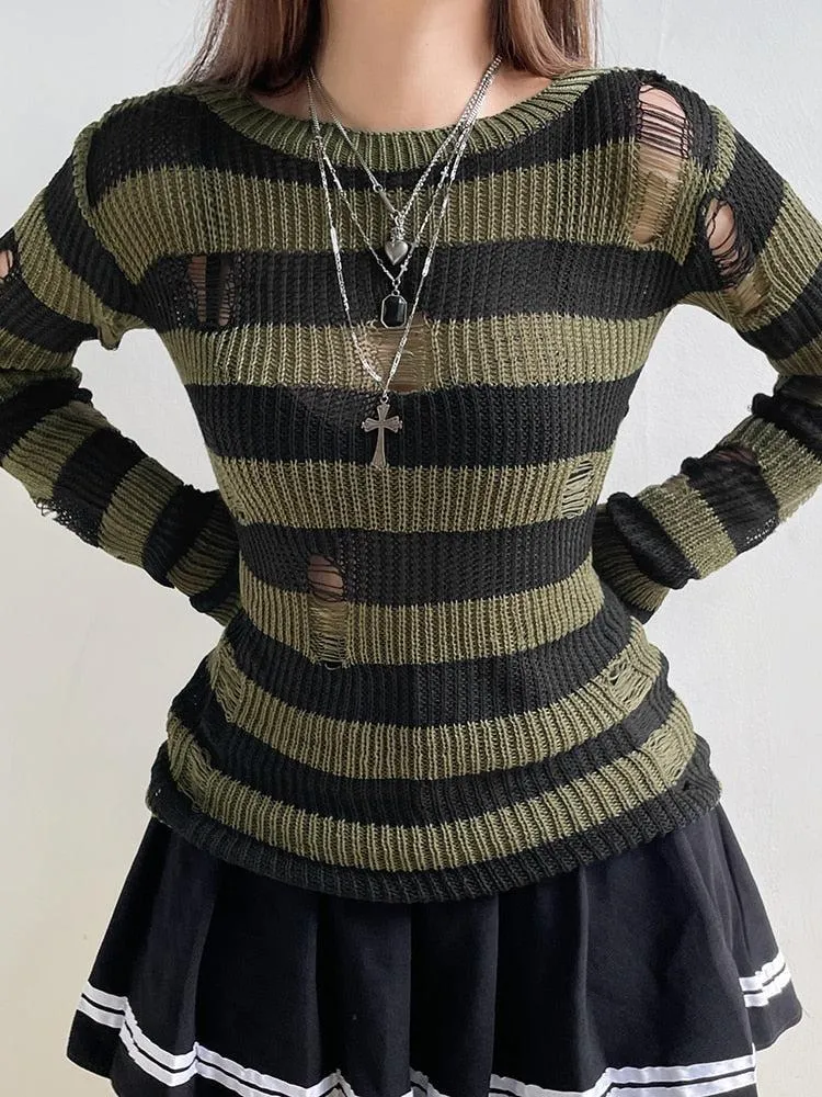 Grunge Distressed Striped Sweater