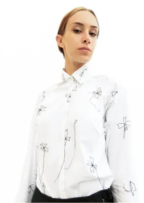 High Collar Dogwood Stitching Embroidered Shirt/ White/ 100% Cotton