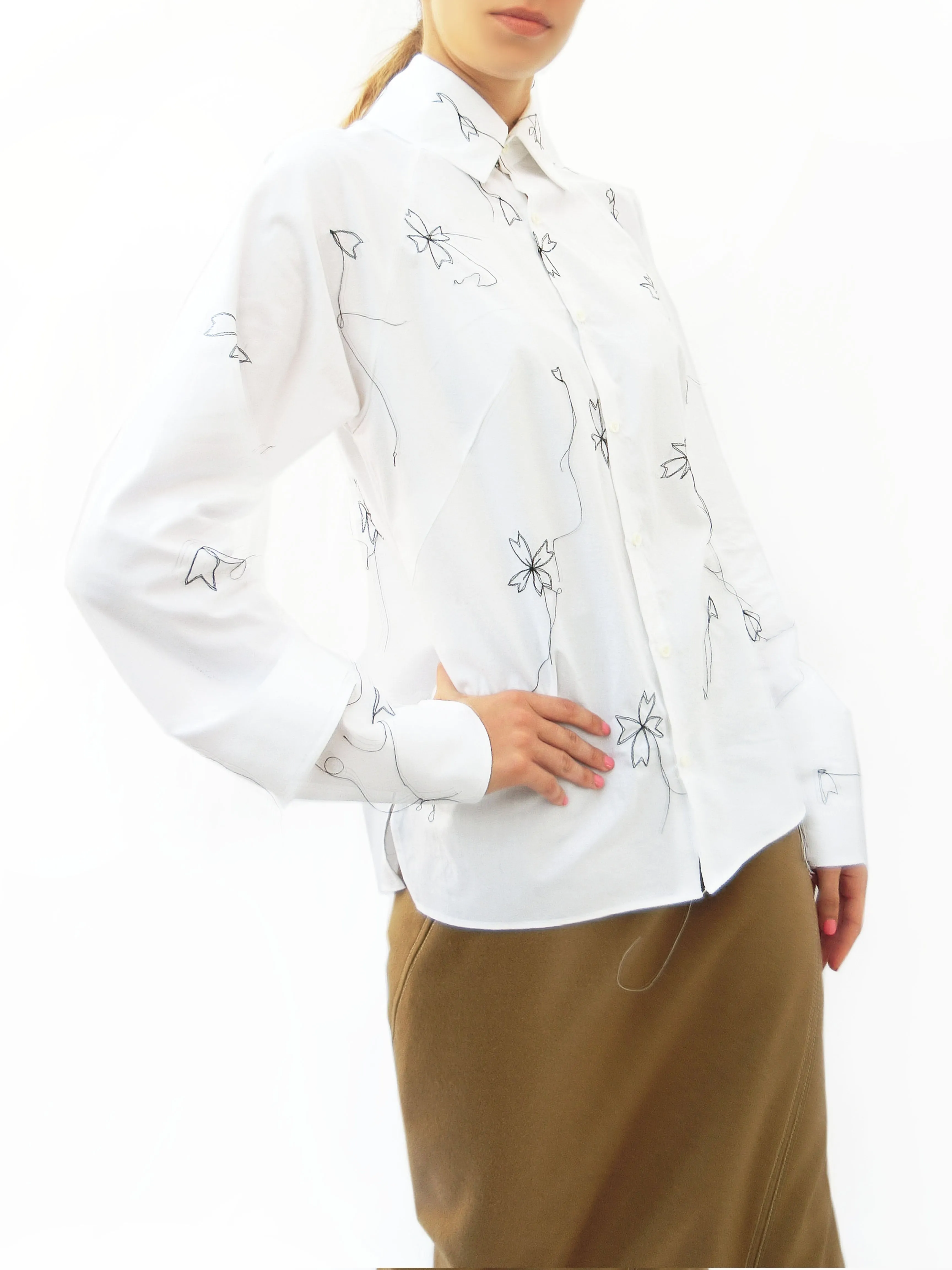 High Collar Dogwood Stitching Embroidered Shirt/ White/ 100% Cotton