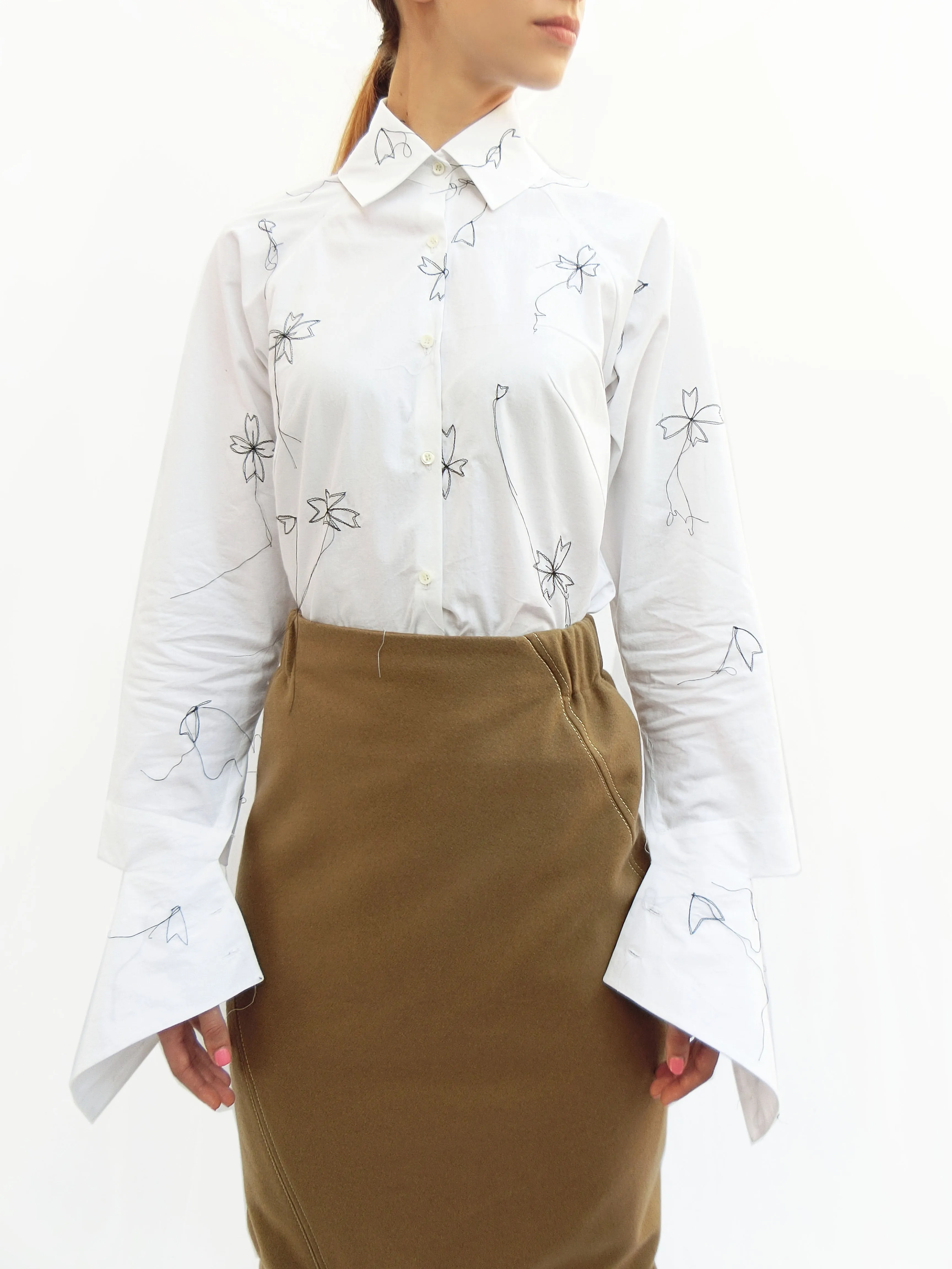 High Collar Dogwood Stitching Embroidered Shirt/ White/ 100% Cotton