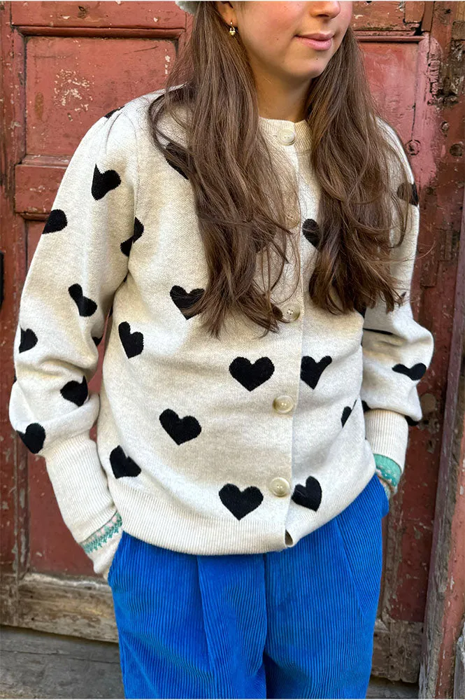 ICHI Brielle Oatmeal & Black Heart Cardigan