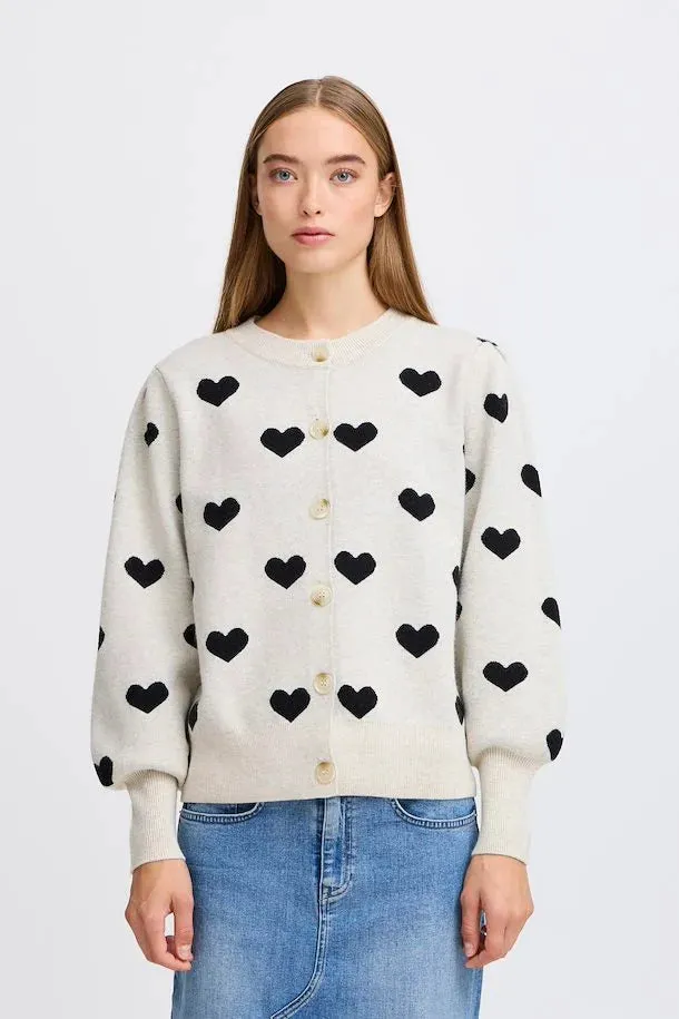 ICHI Brielle Oatmeal & Black Heart Cardigan