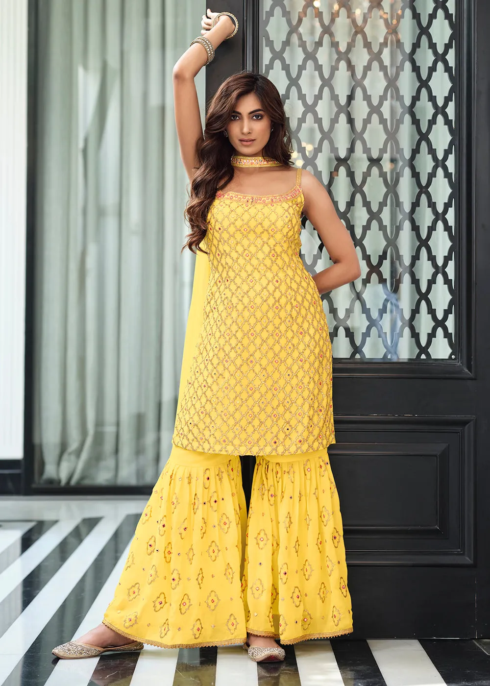 Indo Western Yellow Georgette Festive Party Gharara Suit