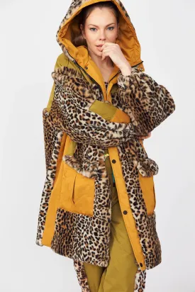 Leopard Print Mac Style Faux Fur Coat with Hood