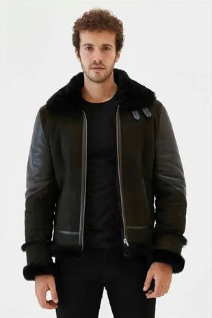 Men Aviator Dark Green&Black Shearling Jacket