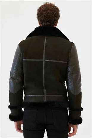 Men Aviator Dark Green&Black Shearling Jacket