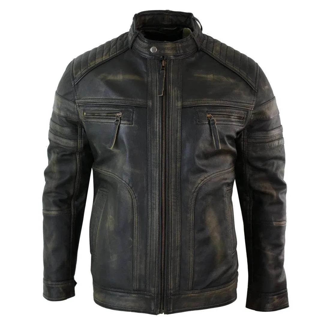 Mens Black Brown Vintage Biker Real Leather Jacket Distressed Zipped Casual