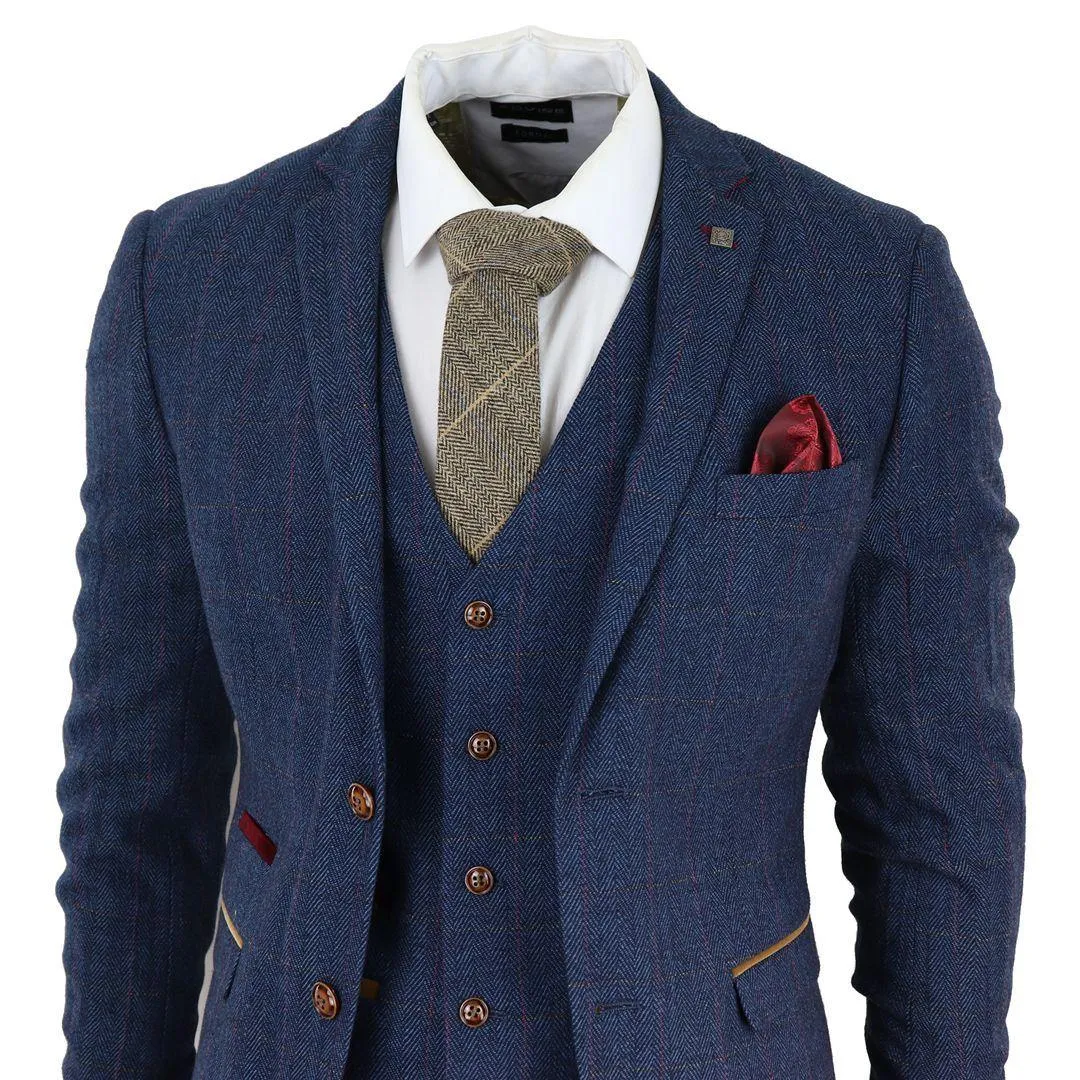 Mens Blue 3 Piece Suit Herringbone Tweed Checked Formal Dress Suits