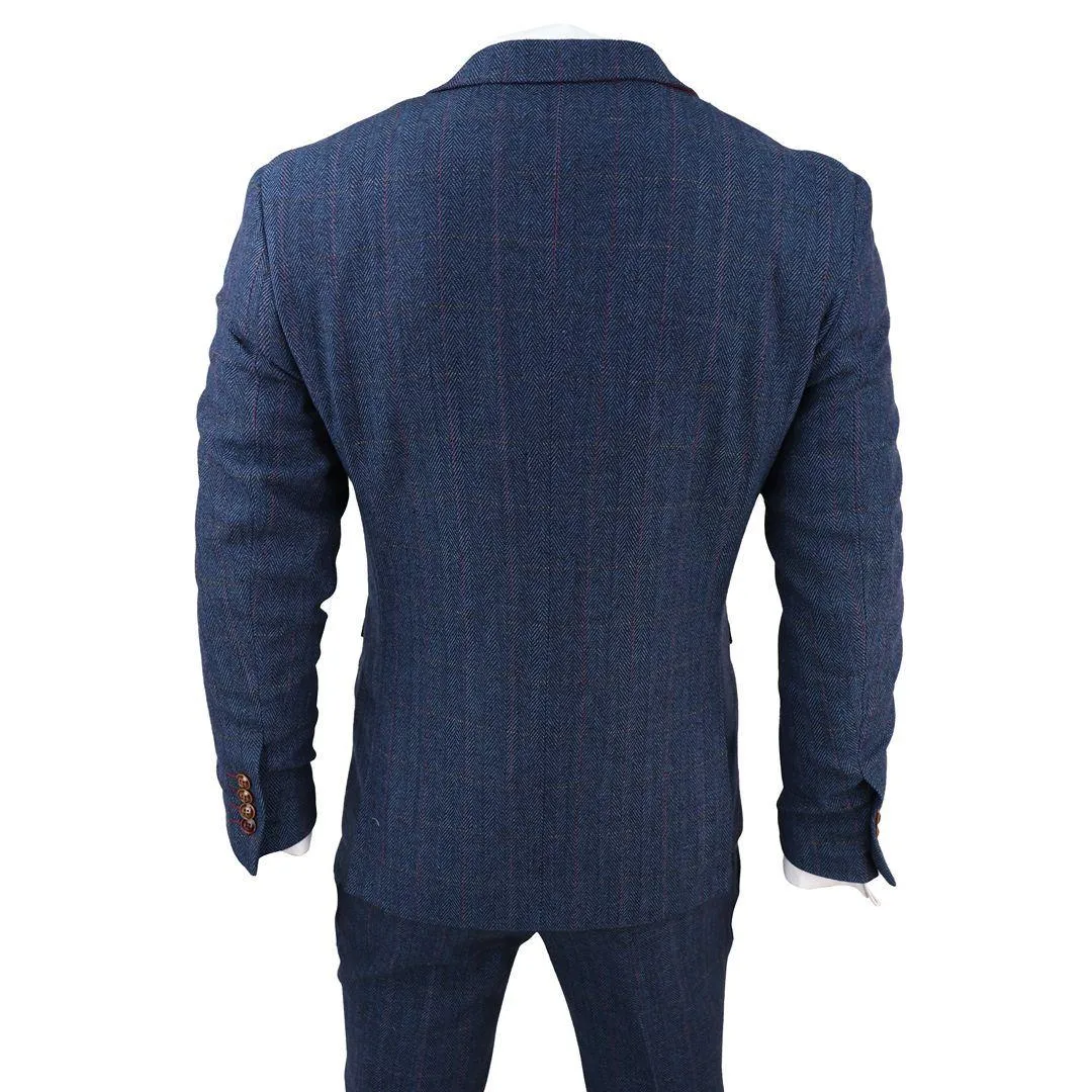 Mens Blue 3 Piece Suit Herringbone Tweed Checked Formal Dress Suits