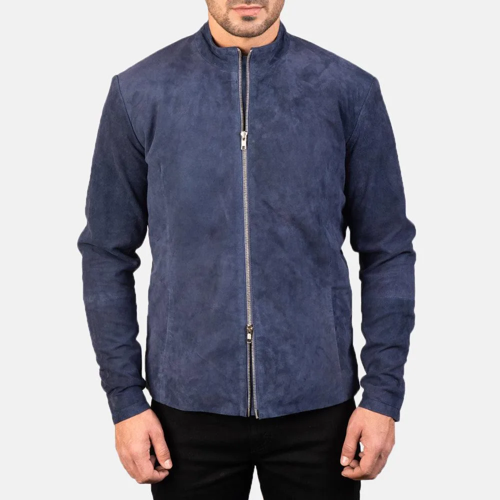 Mens Charcoal Navy Blue Suede Biker Jacket