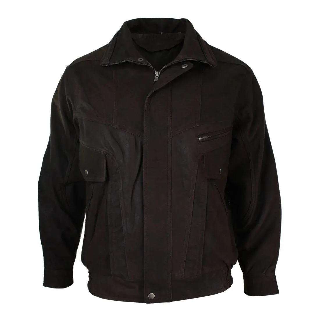 Mens Classic Bomber Black Nubuck Washed Brown Real Leather Jacket