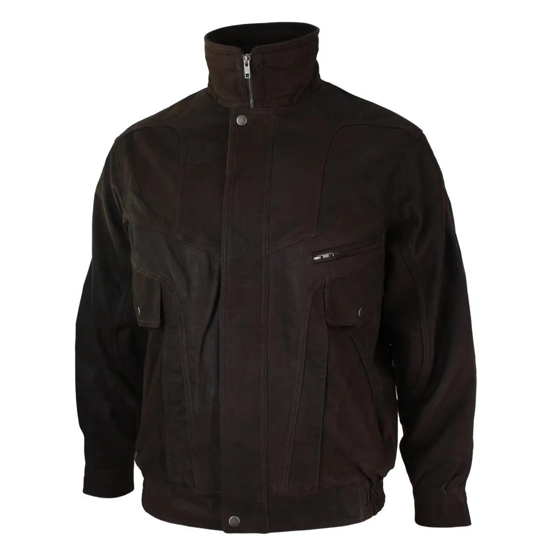 Mens Classic Bomber Black Nubuck Washed Brown Real Leather Jacket