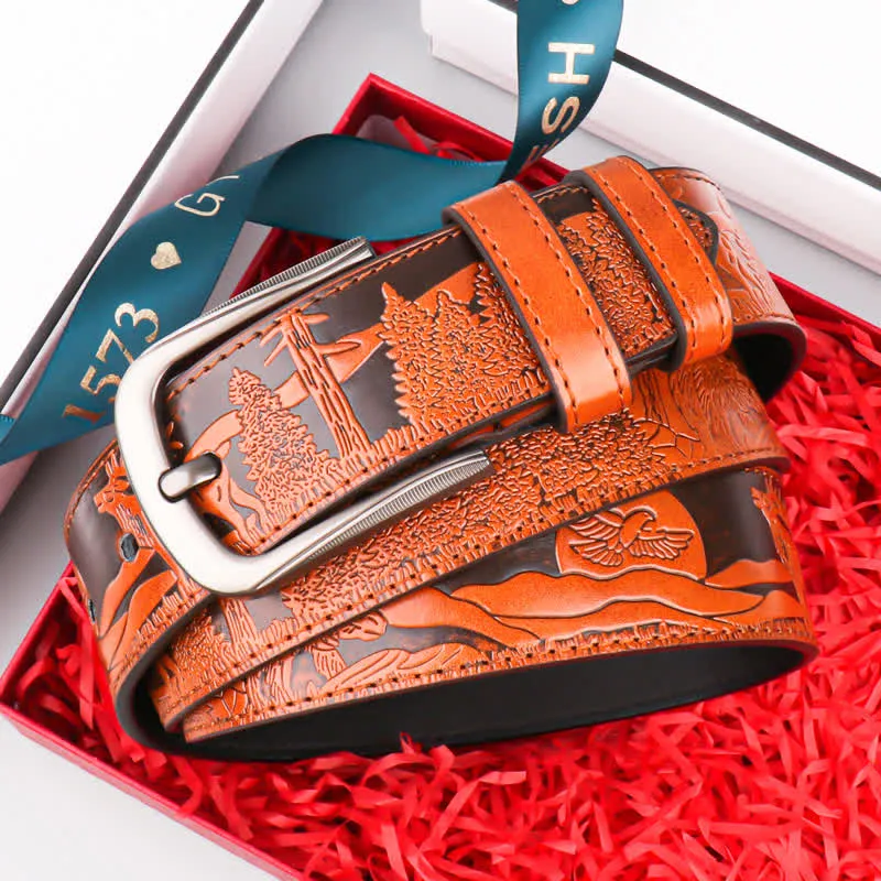 Men's Embossed Deer Animal Pattern Leather Belt