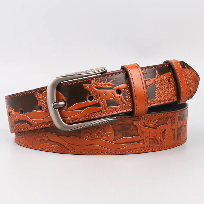 Men's Embossed Deer Animal Pattern Leather Belt