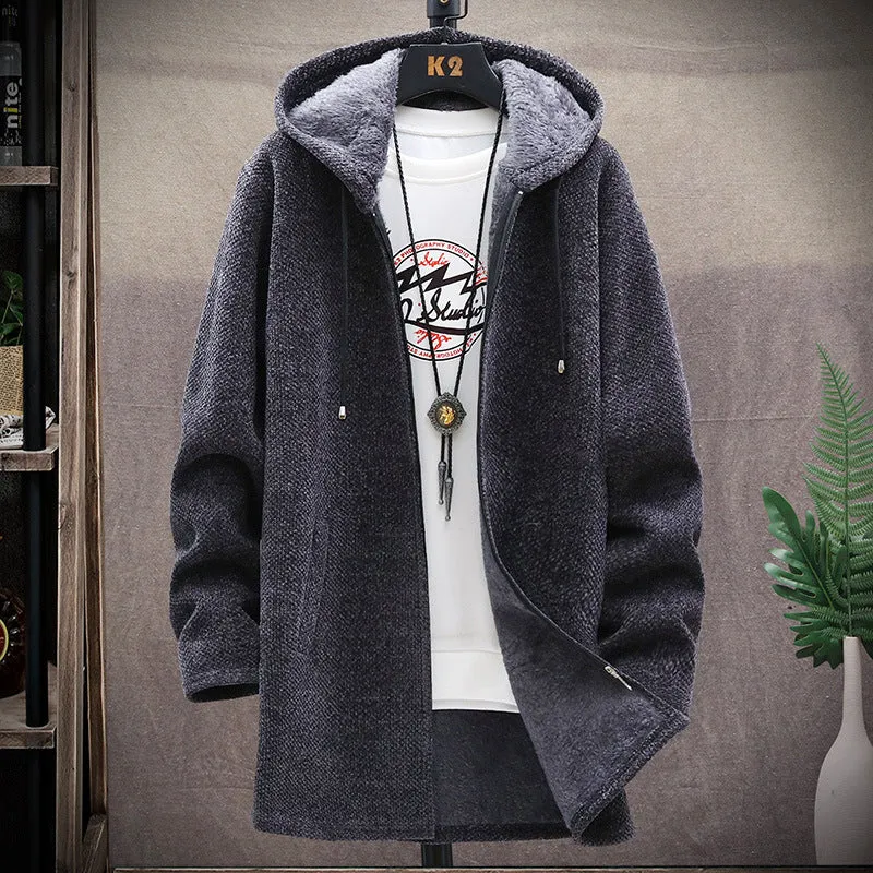 Men's Fleece Sweater Mid Length Hooded Trench Coat