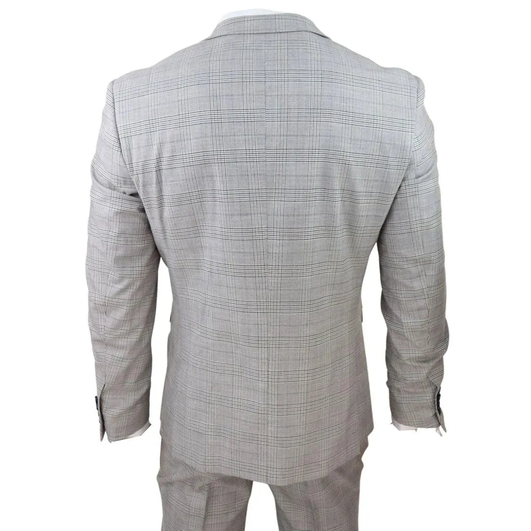 Mens Light Grey 3 Piece Suit Navy Blue Check Velvet Trims Wedding Tailored Fit Classic