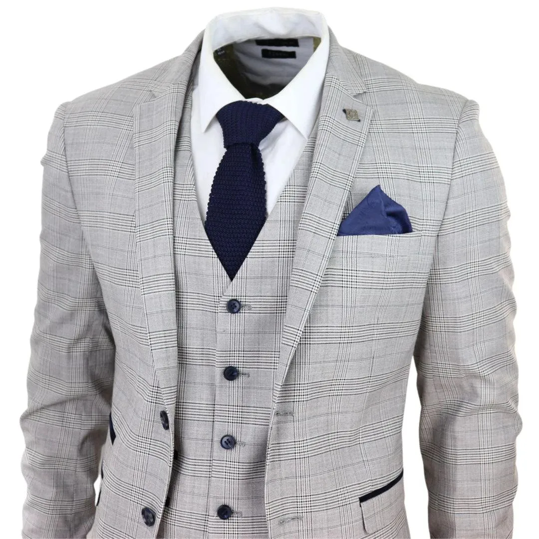 Mens Light Grey 3 Piece Suit Navy Blue Check Velvet Trims Wedding Tailored Fit Classic