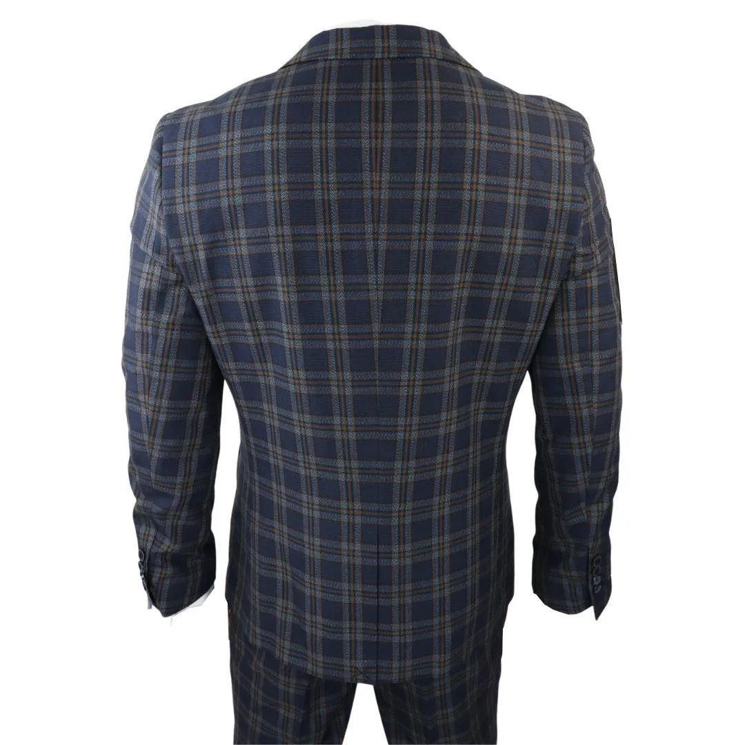 Men's Navy Blue 3 Piece Check Suit Formal Business Dress Suits