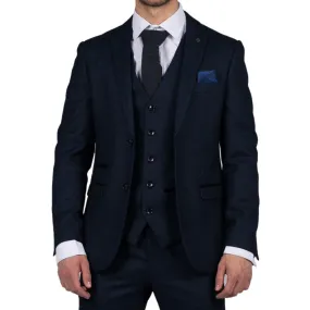 Mens Navy Blue 3 Piece Suit Birdseye Suit Wedding Prom Formal Smart Classic