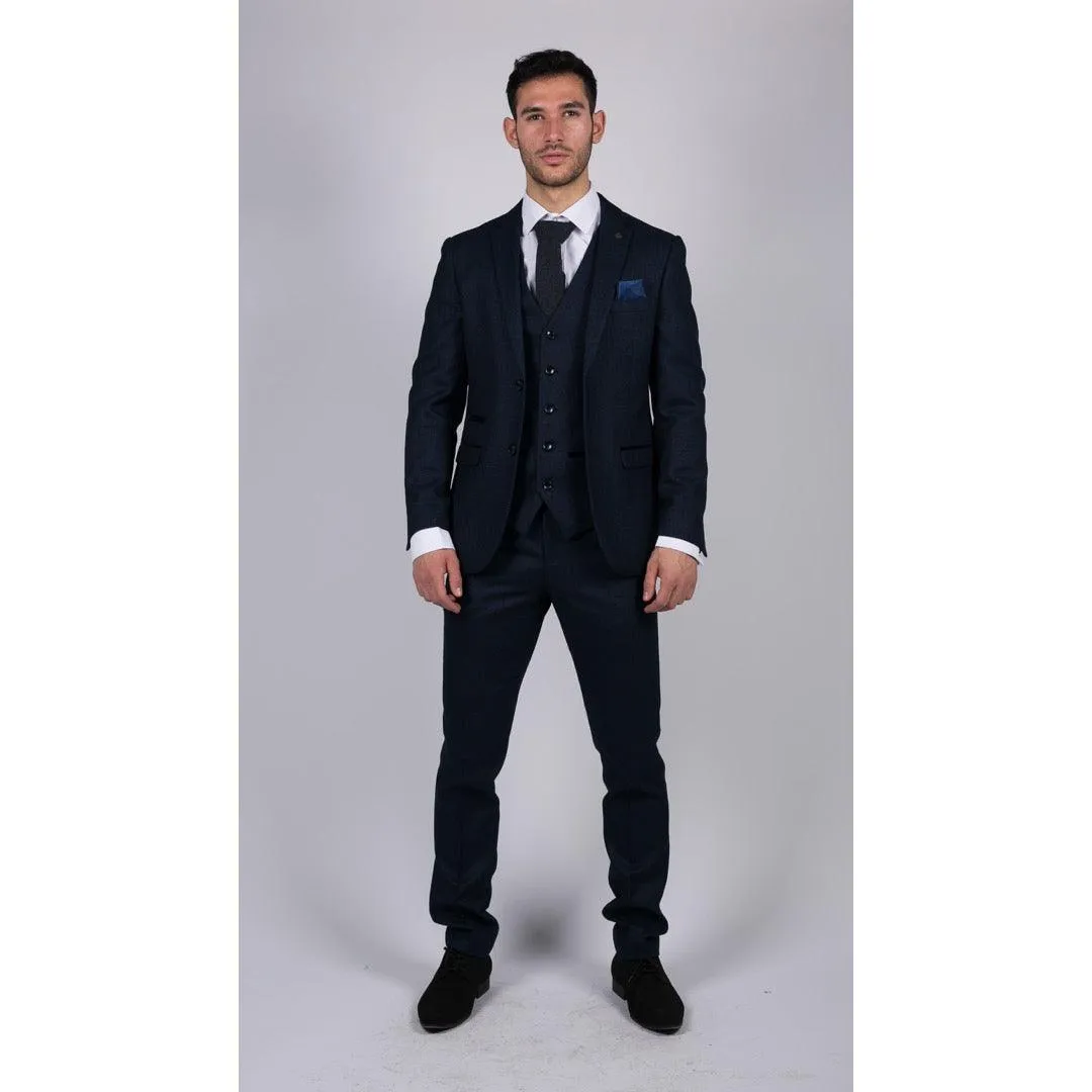 Mens Navy Blue 3 Piece Suit Birdseye Suit Wedding Prom Formal Smart Classic