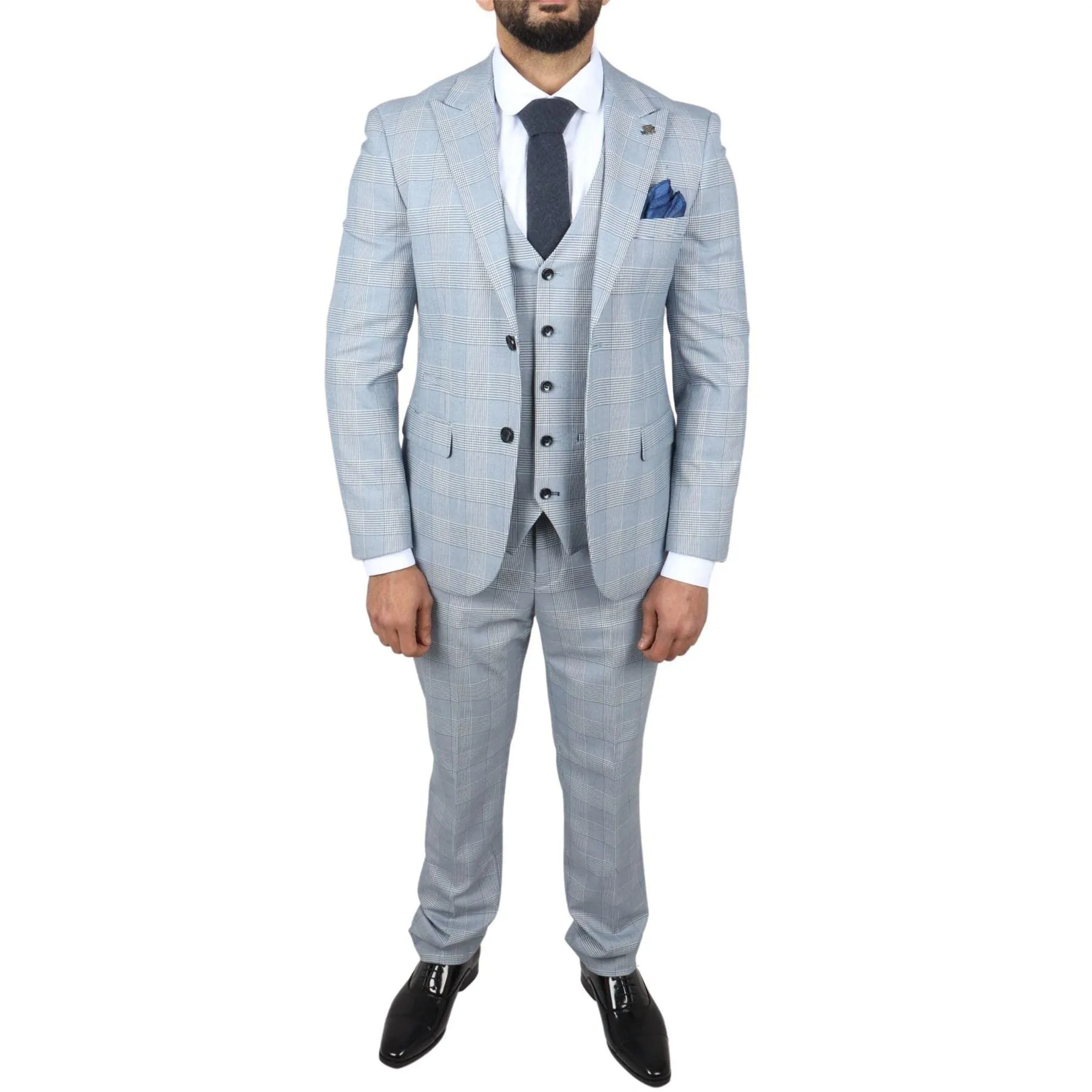 Men's Suit Blue 3 Piece Tweed Check Wedding Prom Tailored Fit