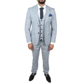 Men's Suit Blue 3 Piece Tweed Check Wedding Prom Tailored Fit