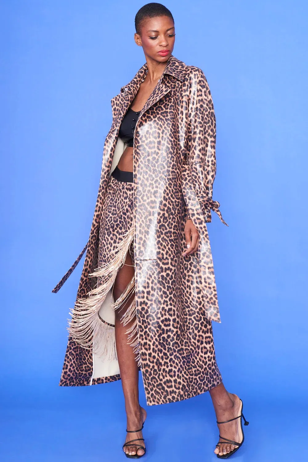 Mocha Banana Peel Eco Leather Leopard Print Trench Coat