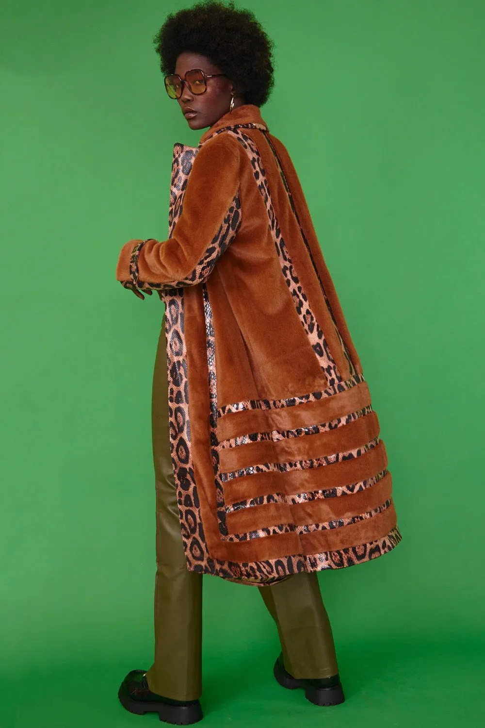 Mocha Faux Suede Trench Coat with Faux Fur Panelled