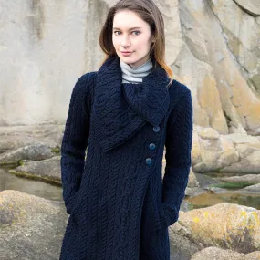 Navy Long Aran Cardigan with Oversized Collar