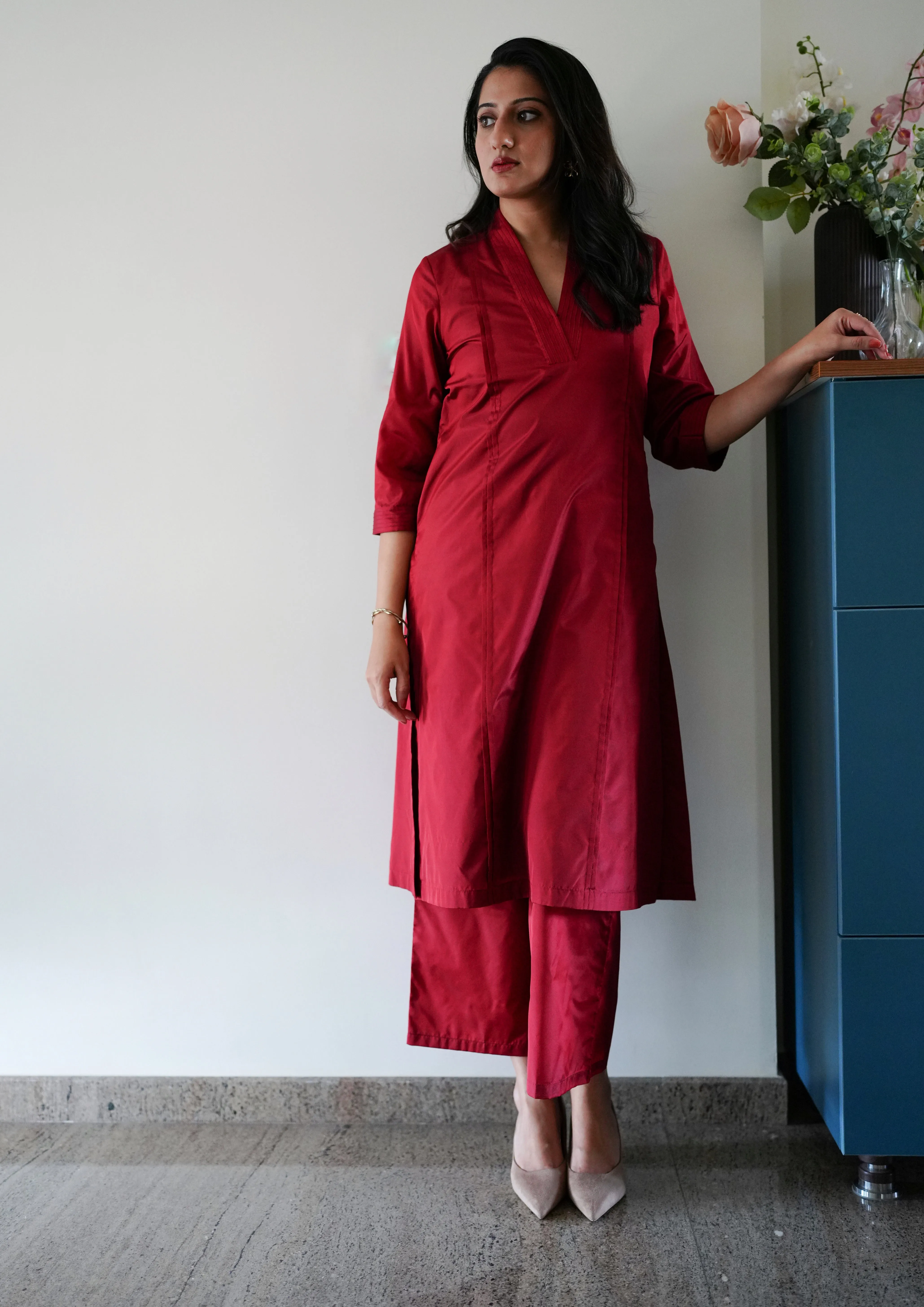 Nyla x Tyohaar | Crimson Red Art Silk Pants