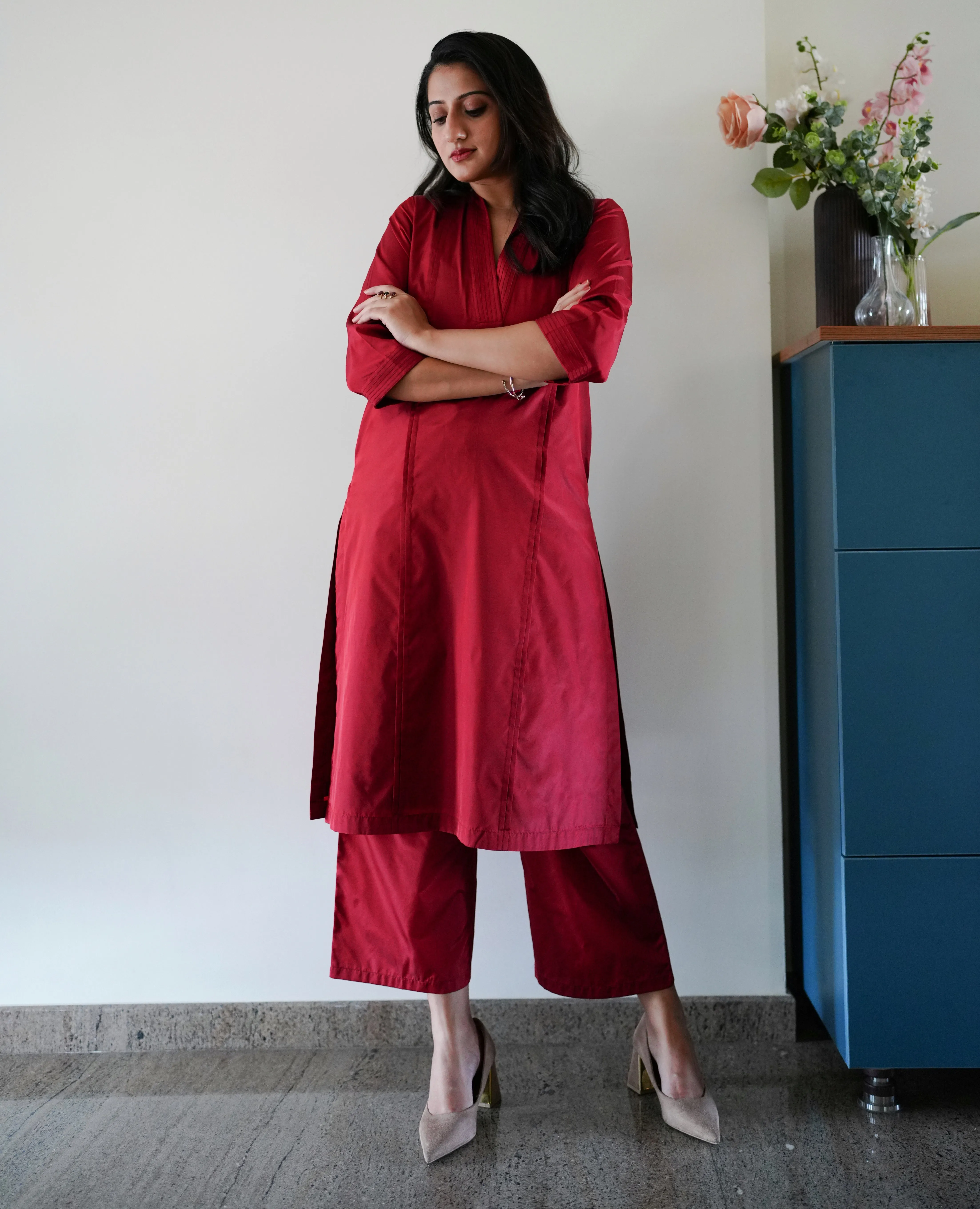 Nyla x Tyohaar | Crimson Red Art Silk Pants