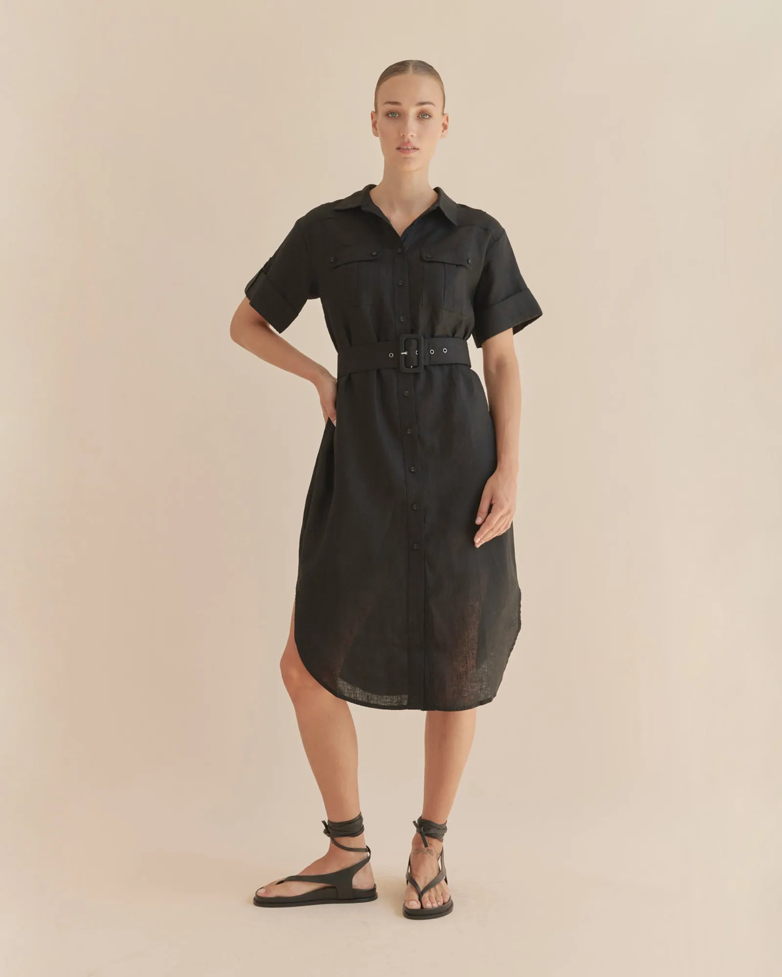 Provence Linen Shirt Dress - Black