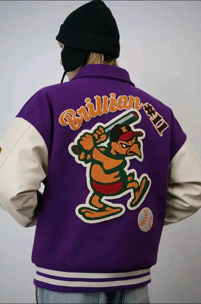 Purple-embroidered baseball jacket