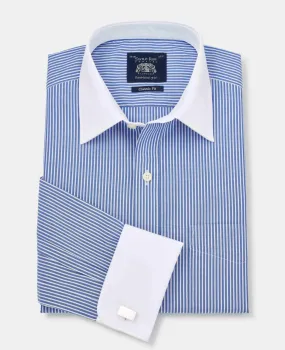 Royal Blue White Stripe Classic Fit Formal Shirt With White Collar & Cuffs - Double Cuff