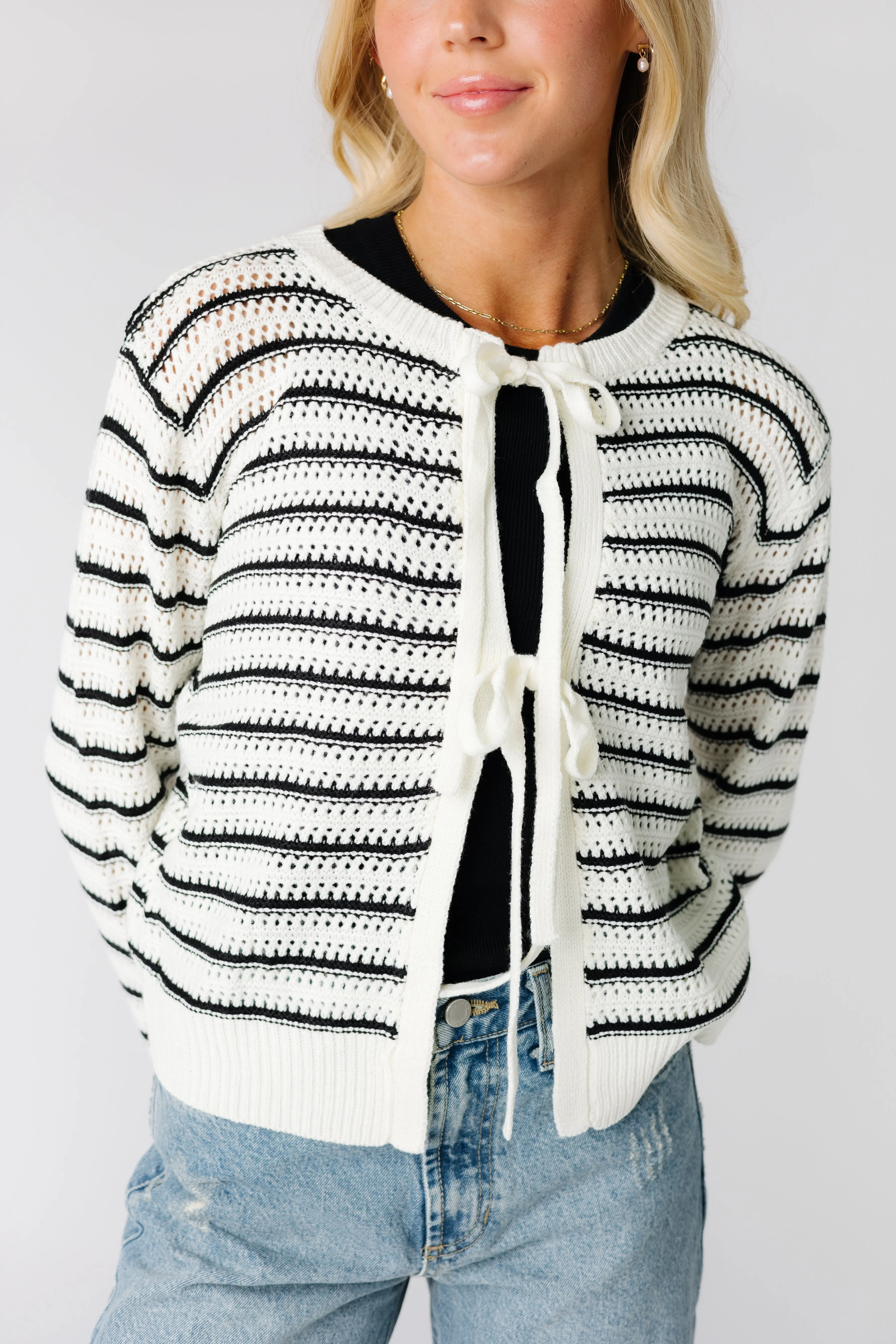 Saltwater Striped Crochet Tie Front Cardigan