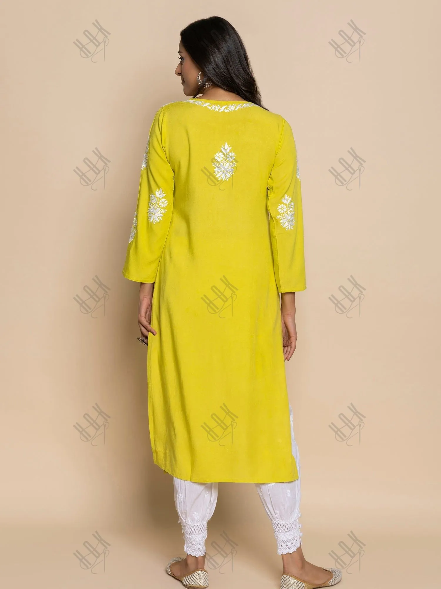 Shivani in chikankari Kurta in Lemon Green