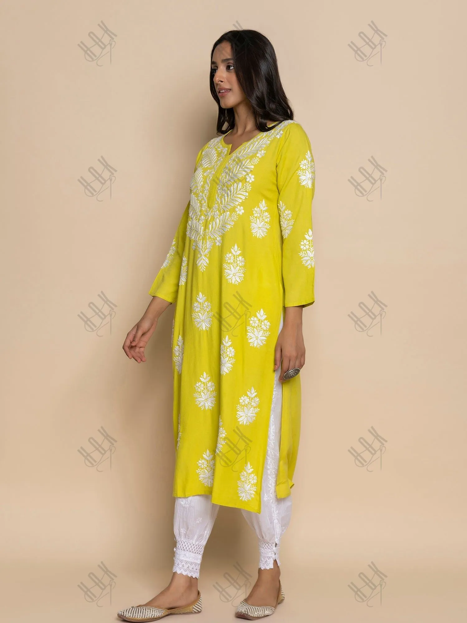 Shivani in chikankari Kurta in Lemon Green