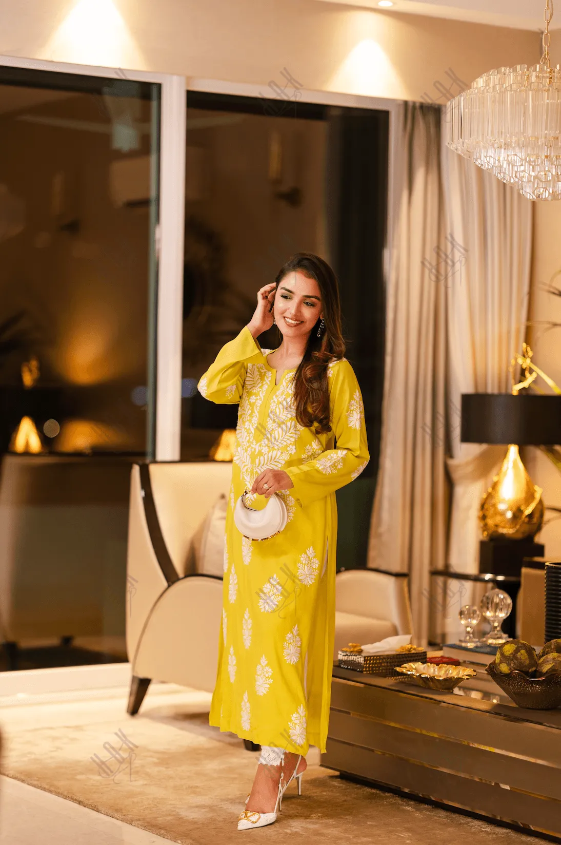 Shivani in chikankari Kurta in Lemon Green