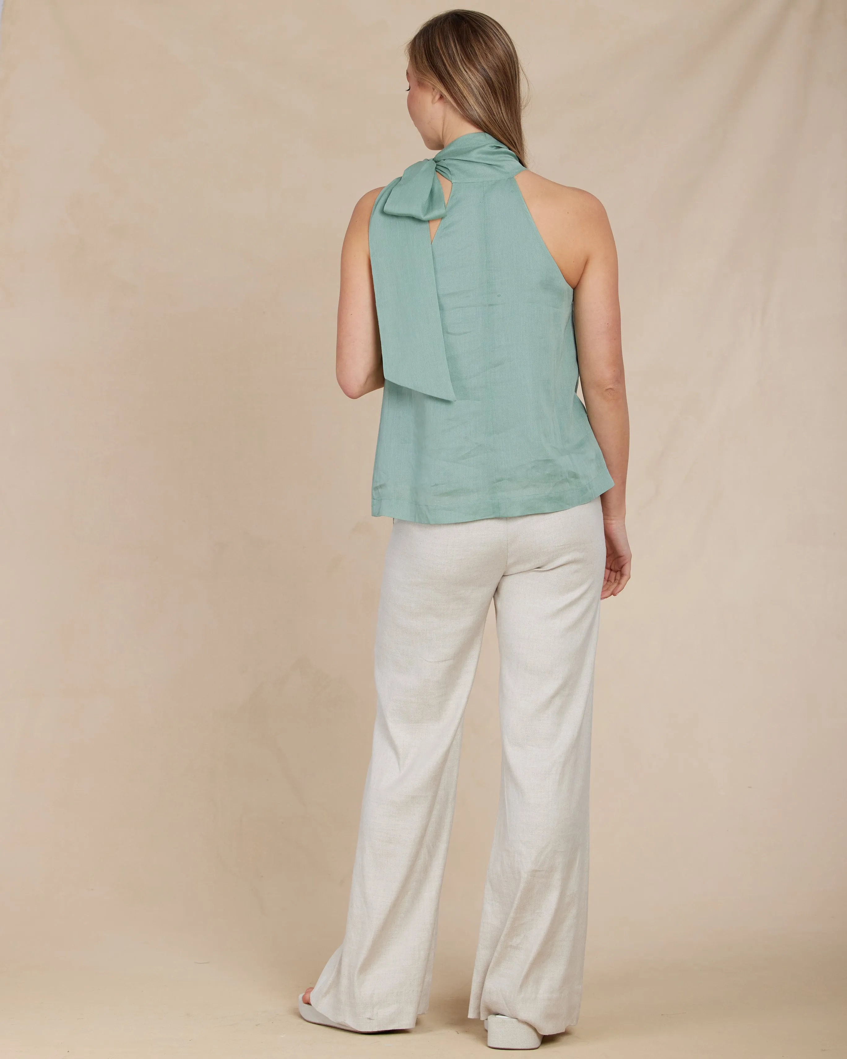 Sofia Ramie Twill Tie-Neck Top - Sage