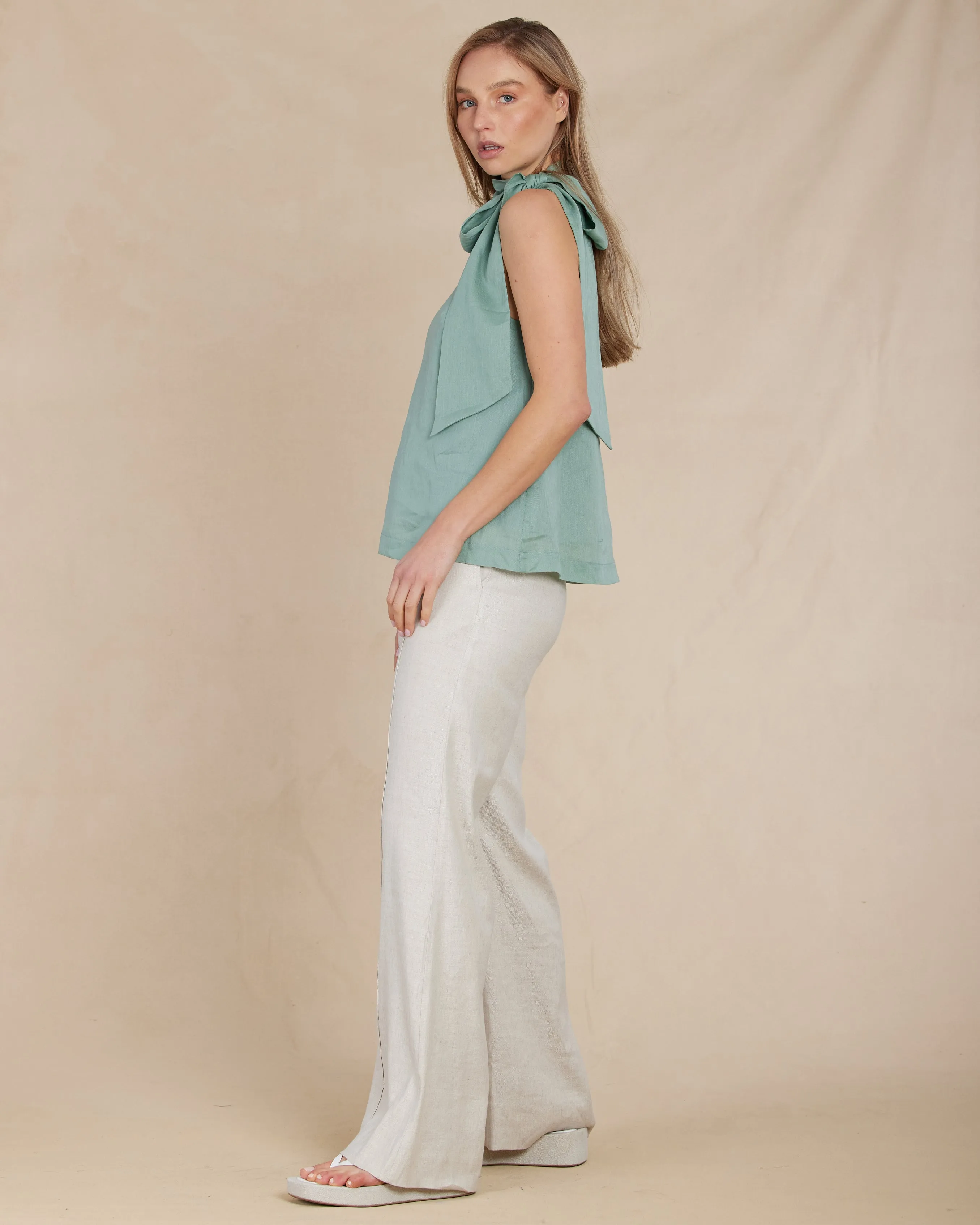 Sofia Ramie Twill Tie-Neck Top - Sage