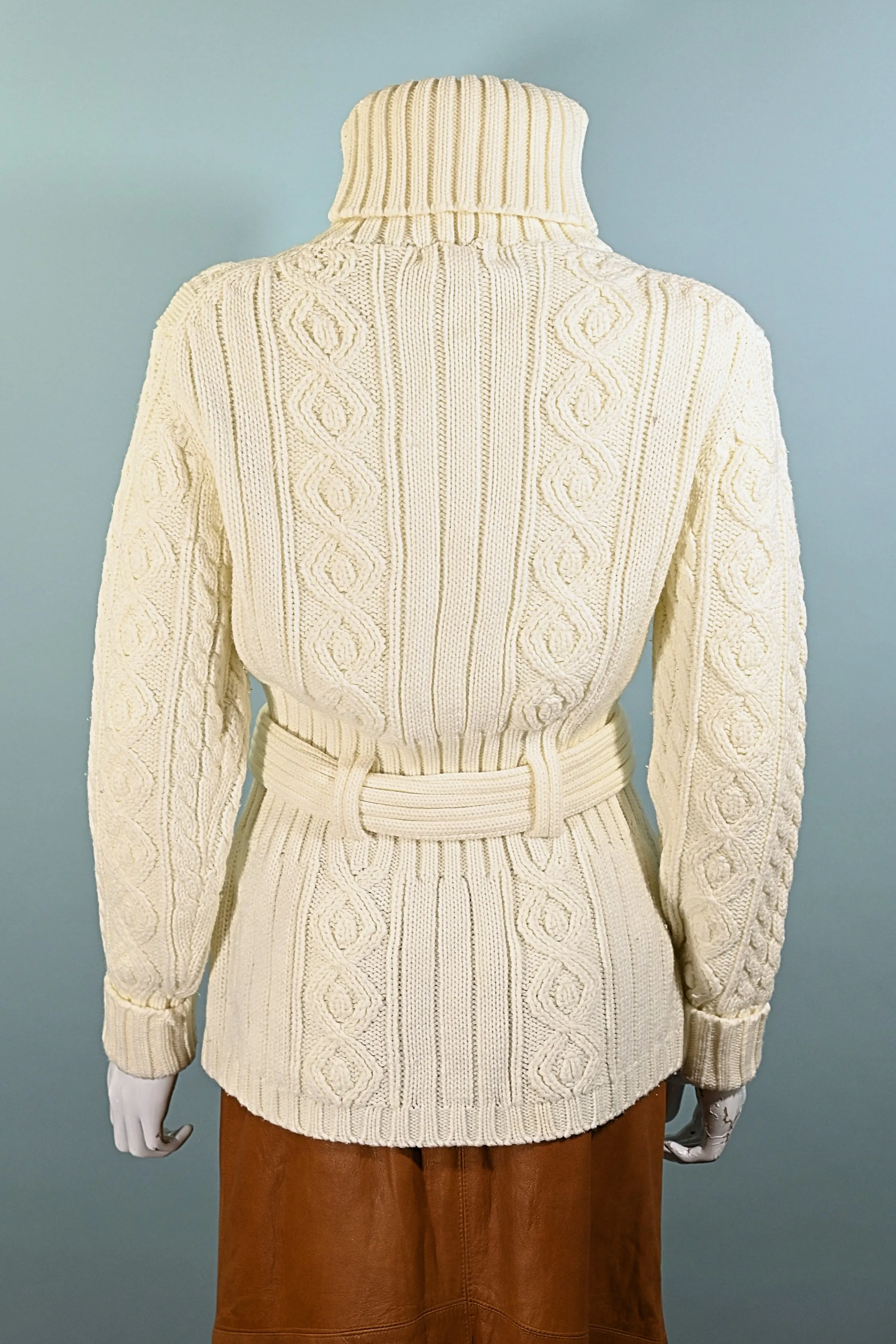 SOLD Vintage 70s Cream Turtleneck Belted Sweater, Acrylic Cable Knit Sweater M